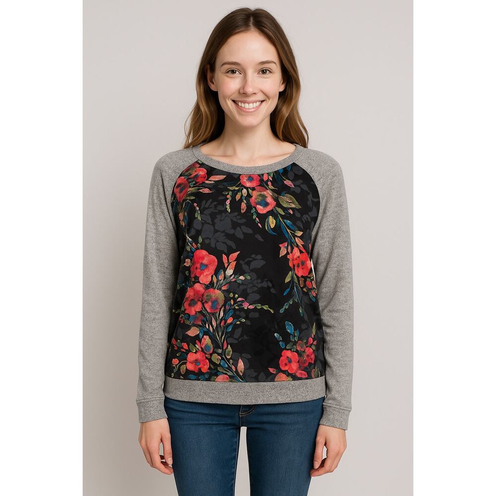 KUT From The Kloth Top Women XS Black Gray Floral Raglan Long Sleeve Casual